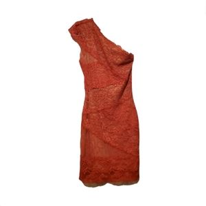 BEBE Lace Bodycon One Shoulder Coral Dress Size:xxs